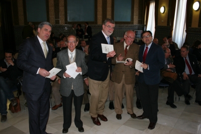 De izq a dcha, Fernando López Mora,Antonio Rodero, Jose Manuel Roldán, Diego Santiago y Librado Carrasco momentos antes de la presentación del libro.