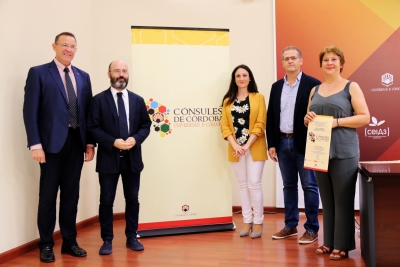 Eulalio Fernández, Luis Medina, José Luis, Carmen Mº Gómez y Eva Sánchez en la presentación a los medios del Programa Cónsules de Córdoba 2018-2019