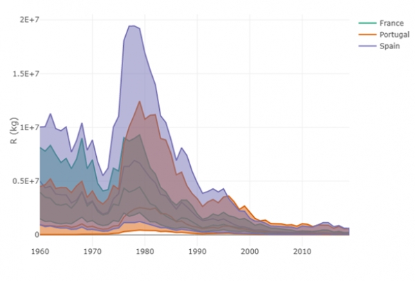 Evolución del reclutamiento (angulas que se incorporan a la población adulta) en los últimos 60 años